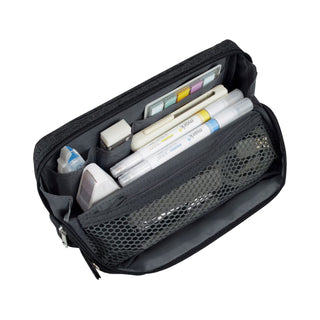 Cabaco Tool Pen Case Black open with stationery neatly stored inside – Shibuya Stationery