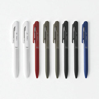 Bundle of 8 Pentel Calme pens in different colors laying on a white background in a row - Shibuya Stationery Store
