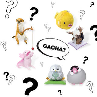 Small animal figurine bundle with question marks and a 'GACHA?' speech bubble on a white background - Shibuya Stationery Store
