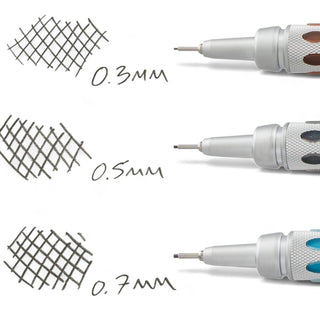 Three Pentel GraphGear mechanical pencils with different lead sizes and grid patterns on a white background - Shibuya Stationery