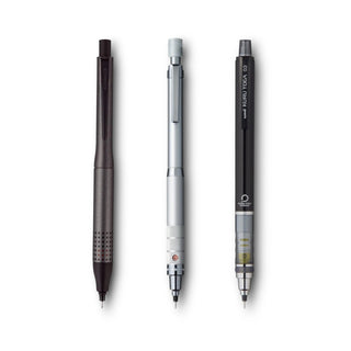 Three Mitsubishi Pencil Kuru Toga mechanical pencils laying vertical in line on a white background - Shibuya Stationery Store