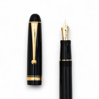 Pilot Custom 74 Fountain Pen Black Fine nib uncapped showing gold trim and nib – Shibuya Stationery