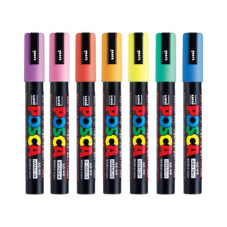 Set of seven natural uni POSCA markers in various pastel colors with caps on a white background - Shibuya Stationery Store