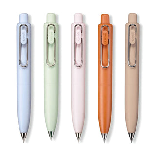 Bundle of five uni-ball one P 0.3mm tip gel pens in pastel colors with metallic clips on a white background - Shibuya Stationery Store