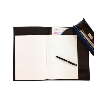 Campus Document Storage Notebook A4 Black opened on desk with stationery, lifestyle setup – Shibuya Stationery