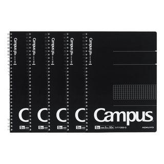 Kokuyo Campus Twin Ring Notebook Semi-B5 Square Cut-off Ruled 5mm Black 5 Pack - Shibuya Stationery