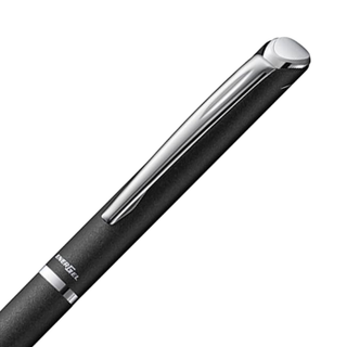Close up of the barrel and clip detail of the Pentel EnerGel Philography gel pen in black – Shibuya Stationery Store