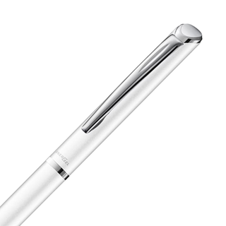 Close up of the barrel and clip detail of the Pentel EnerGel Philography gel pen in silver – Shibuya Stationery Store