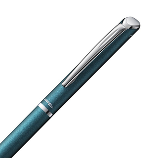 Close up of the barrel and clip detail of the Pentel EnerGel Philography gel pen in turquoise blue – Shibuya Stationery Store