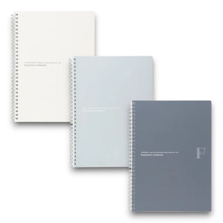 Three F.O.B COOP B5 size notebooks from Nippon Note brand in colors white, gray, and matte black stacked flat diagonally on a white background - Shibuya Stationery Store