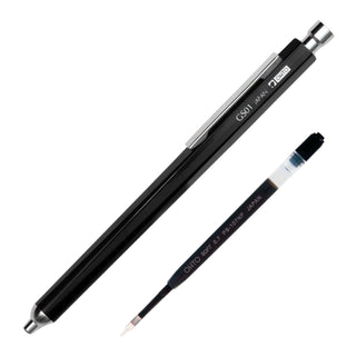 GS01 Needle Ballpoint Pen Black with refill shown beside pen – Shibuya Stationery