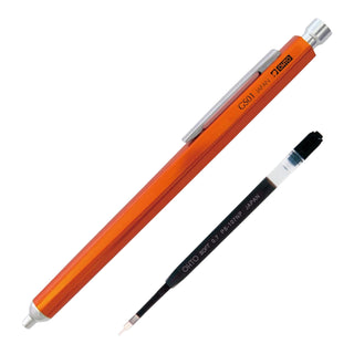 GS01 Needle Ballpoint Pen Orange shown with refill beside pen – Shibuya Stationery