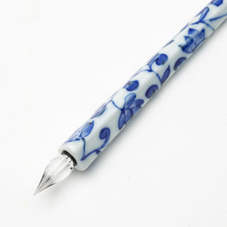 Arita Porcelain Glass Pen Blue Floral Arabesque glass pen tip close-up – Shibuya Stationery