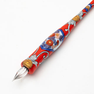 IMARIPEN Porcelain Glass Pen Gold Accent Red Floral tip and pattern close-up – Shibuya Stationery
