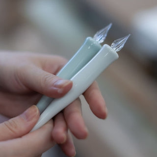 HIZEN5 IMARIPEN Porcelain Glass Pen light color variants held in hand – Shibuya Stationery