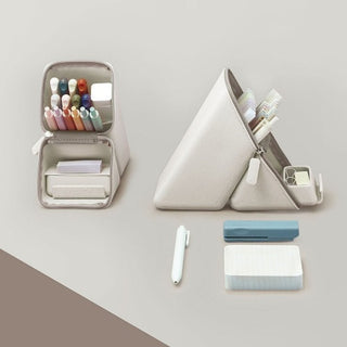 Kakusta Pen Case with Drawer Wide Greige open on desk with stationery inside – Shibuya Stationery