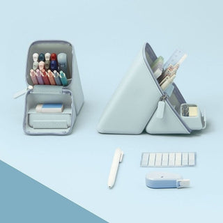 Kakusta Pen Case with Drawer Wide Blue open on desk with stationery inside – Shibuya Stationery