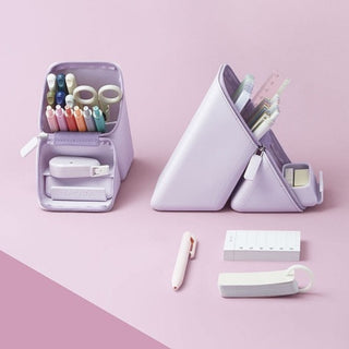 Kakusta Pen Case with Drawer Wide Violet open on desk with stationery inside – Shibuya Stationery