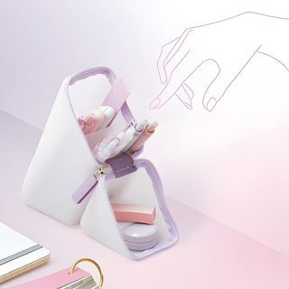 Kakusta Sheer Silicone Pen Case White open on desk holding pens – Shibuya Stationery