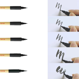 Collage of assorted Kuretake Bimoji Fude Pens and their stroke size comparisons on a white background - Shibuya Stationery Store 