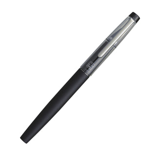 Black Kuretake fountain brush pen laying diagonally with a clear cap and silver clip on a white background - Shibuya Stationery Store