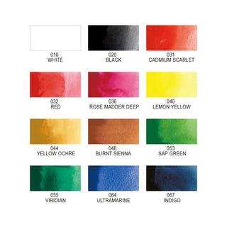 Color swatches of the Kuretake Gansai Tambi Watercolors Etagami 12 Color Set with labels on a white background - Shibuya Stationery Store