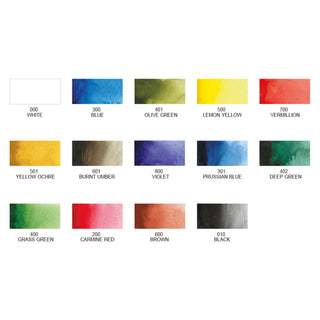 Color swatches from the Kuretake ZIG mini 14 watercolors set with names on a white background - Shibuya Stationery Store