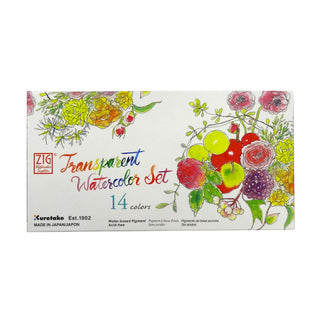 Packaging box of the Kuretake Zig Transparent Watercolor 14 color set with colorful illustrations on a white background - Shibuya Stationery Store