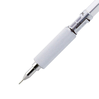 MS01 Mechanical Pencil Silver detailed close-up of grip and nib – Shibuya Stationery