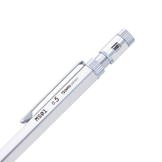 MS01 Mechanical Pencil Silver clip and barrel close-up – Shibuya Stationery