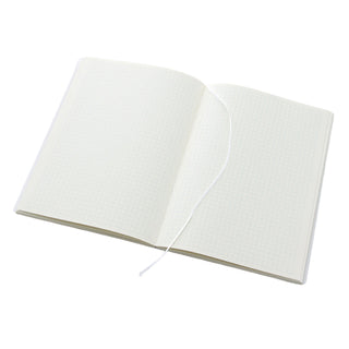 Midori MD Notebook A5 Grid notebook open with white bookmark ribbon – Shibuya Stationery