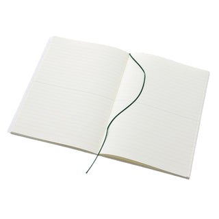 Midori MD Notebook A5 Ruled notebook open with green bookmark ribbon – Shibuya Stationery