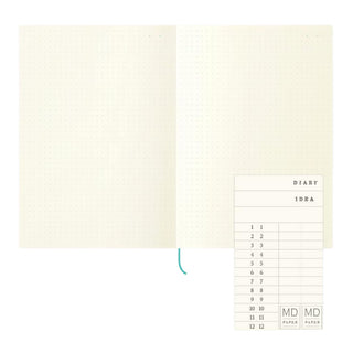 Midori MD Notebook Journal A5 Dot Grid open spread with label sheet – Shibuya Stationery