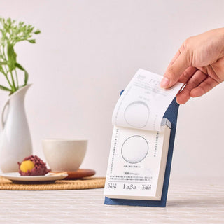 Moon Phase Daily Tear-Off Calendar 2026 desk display showing tear-off sheet – Shibuya Stationery