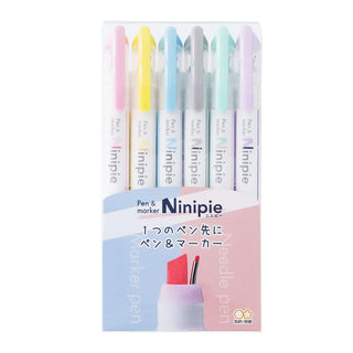 Ninipie dual tip pen and marker highlighter 6 color set A in package on a white background – Shibuya Stationery Store