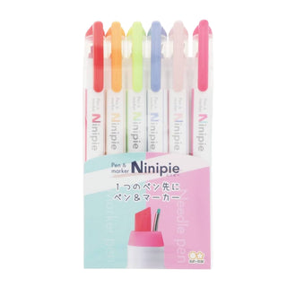 Ninipie dual tip pen and marker highlighter 6 color set B in package on a white background – Shibuya Stationery Store
