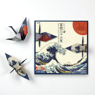 Toyo brand Japanese origami pack Thirty-Six Views of Mount Fuji with 'The Great Wave' design and two folded cranes on a white background - Shibuya Stationery Store