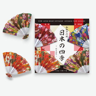 Japanese four seasons design Origami paper kit from Brand Toyo with two paper craft fans next to it on a white background - Shibuya Stationery Store