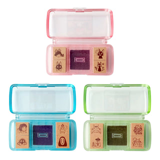 Open pink case showing three mini stamps and ink pad – Shibuya Stationery