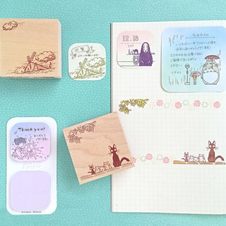 Studio Ghibli Irodori Stamp usage example on the notebook and sticky notes - Shibuya Stationery