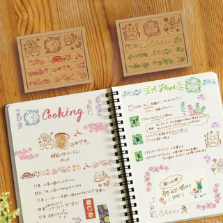 Stamp examples on journal pages with Totoro and leaf motifs – Shibuya Stationery