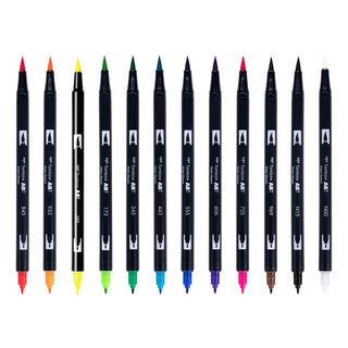 ABT Dual Brush Pen Basic 12 Colors open cap view showing dual tips – Shibuya Stationery