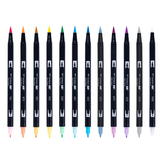 ABT Dual Brush Pen Pastel 12 Colors caps removed showing brush and fine tips – Shibuya Stationery