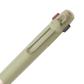 Close up of the color selector switches and clip of the Uni-ball ZENTO Flow Model 3-color ballpoint pen 0.38mm in green - Shibuya Stationery Store