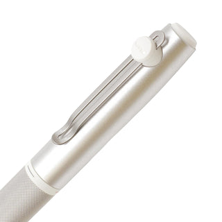 Close up of the rear barrel detail of the Uni-ball ZENTO Signature Model 3-color ballpoint pen 0.38mm in silver - Shibuya Stationery Store