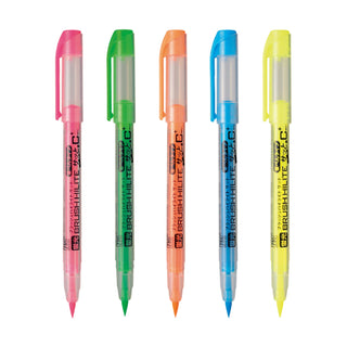 Five ZIG Brush High-Lite Quick C+ Highlighters in pink, green, orange, blue, and yellow on a white background - Shibuya Stationery Store